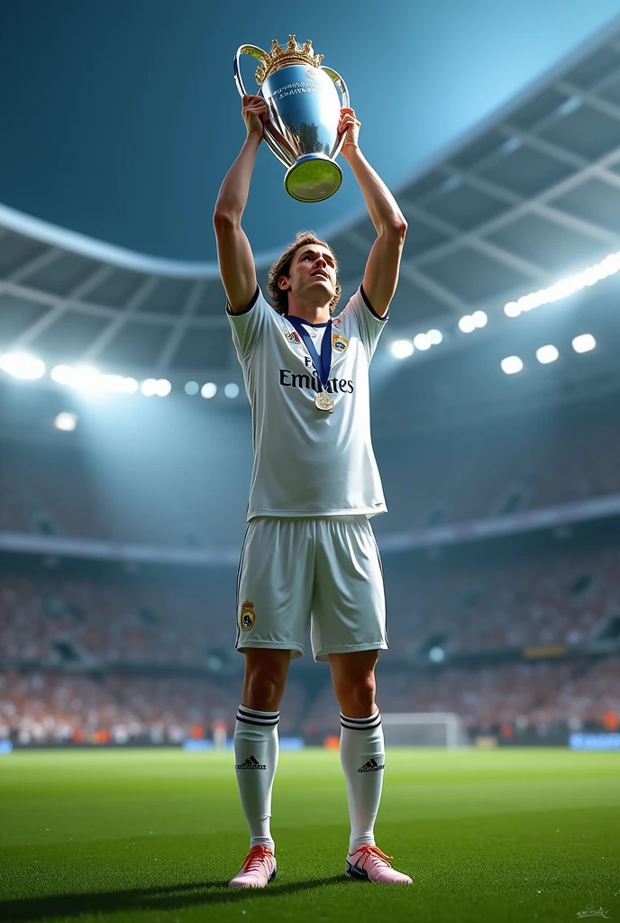 Real Madrid's Luca Modrić lifting the Champions League trophy