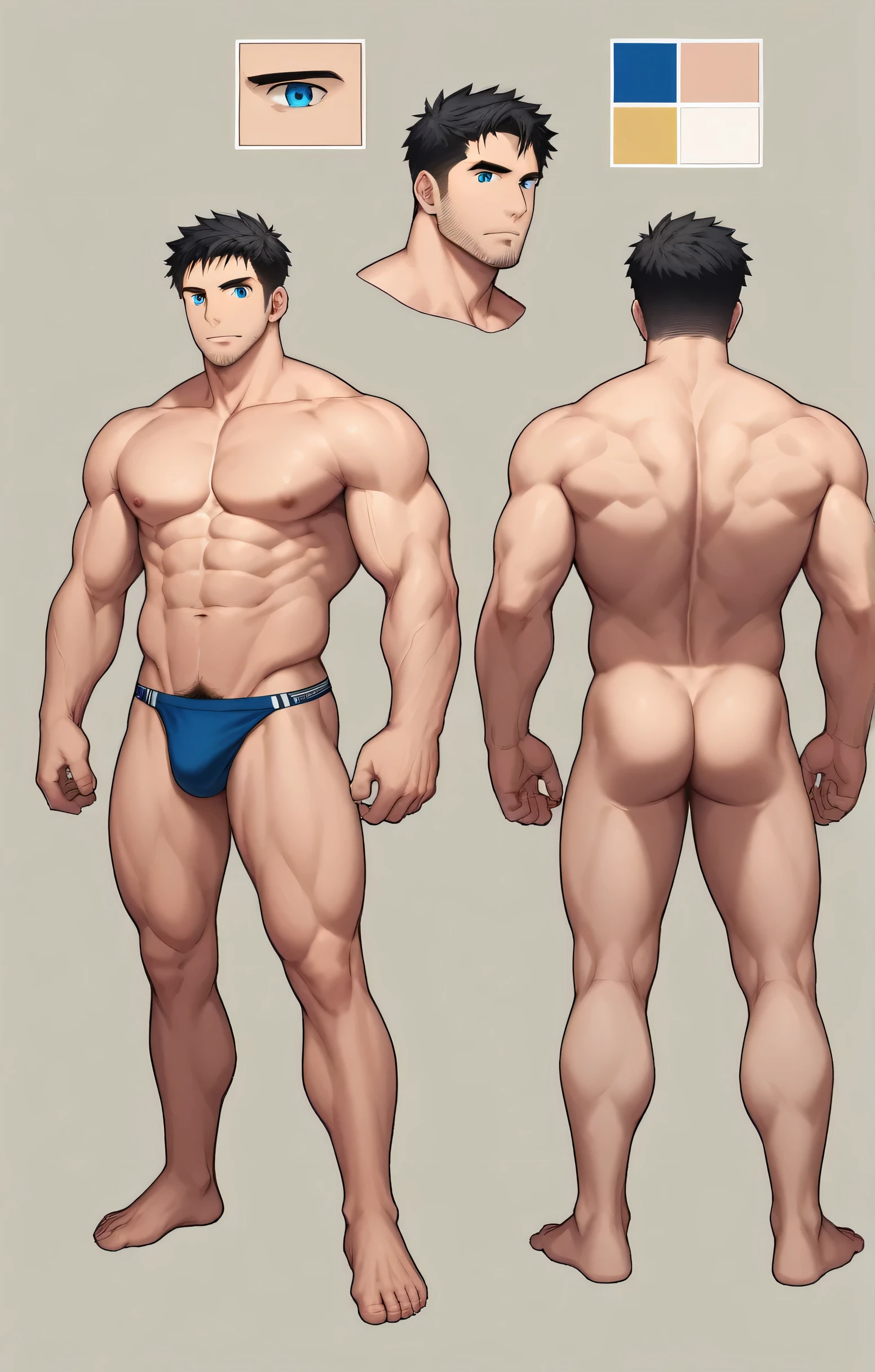 1boy, single, reference sheet, character design, front angle, side angle, left side angle, right side angle, dynamic poses, (masterpiece:1.2), (best quality:1.3), (reference sheet:1.5), adult anime male, huge man, very tall man, masculine body, muscle body, muscle tall male, athletic body, muscle builder, muscle, bulky body, giant, Bara, 6ft. male, (Blue eyes), (short hair), (short bangs), (black hair), (pale skin), (pale skin color), beard, naked, naked men, nude, nsfw, handsome, wide chest, string underwear, speedo, huge hips, wide hips, daddy, barefoot, not wearing pants, rugged, 40 years old, pubic hair