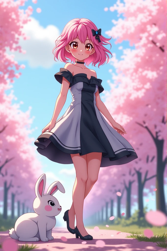 mina Ashido My hero academia with a white bunny and a gray and black dress has some cherry trees in the background