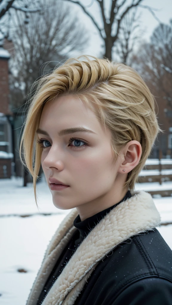 (oil painting, work of art, best qualityer, ultra detaild, Focus on the character), short blonde hair, ([rug:0.8]|[ face facing rugwards:1.1]), serious face, ([Cold scenery:1.2]|[ snowy rugground:1.3]| [hight contrast:1.1])  