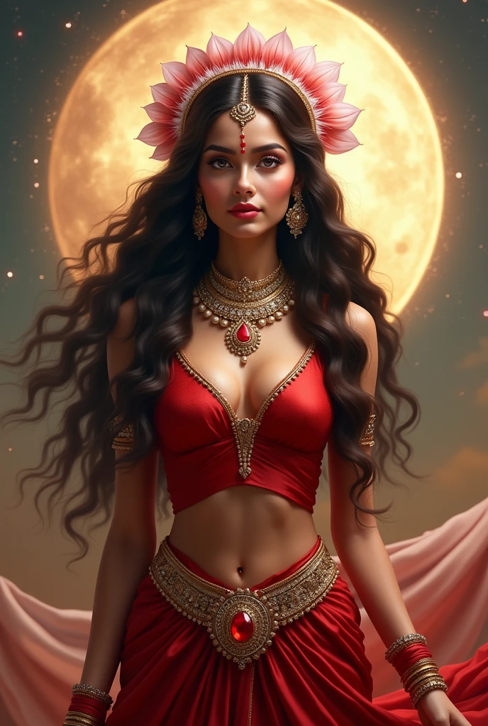 Celestial women in red indian outfit with long hair that comes to her curved hips. And curls of hair reaches her forehead. Her forehead is decorated with whith white and red kumkum. She has wear beautiful jewellary and gems and a headdress made of flowers. Her cheeks are pink and eyes are big and lotus like shaped