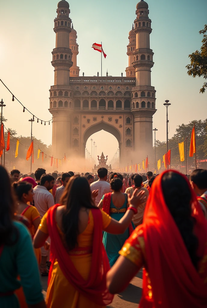 Ganesh festival celebration at charminar  and people are dancing with dj speakers