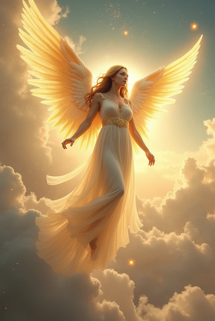 Woman in the sky with golden wing