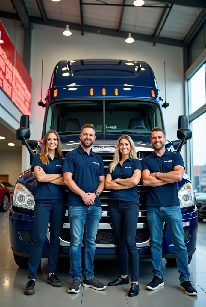 Make a Facebook cover of a
4 male and female truck salers smiling Infront of a truck for sale in USA