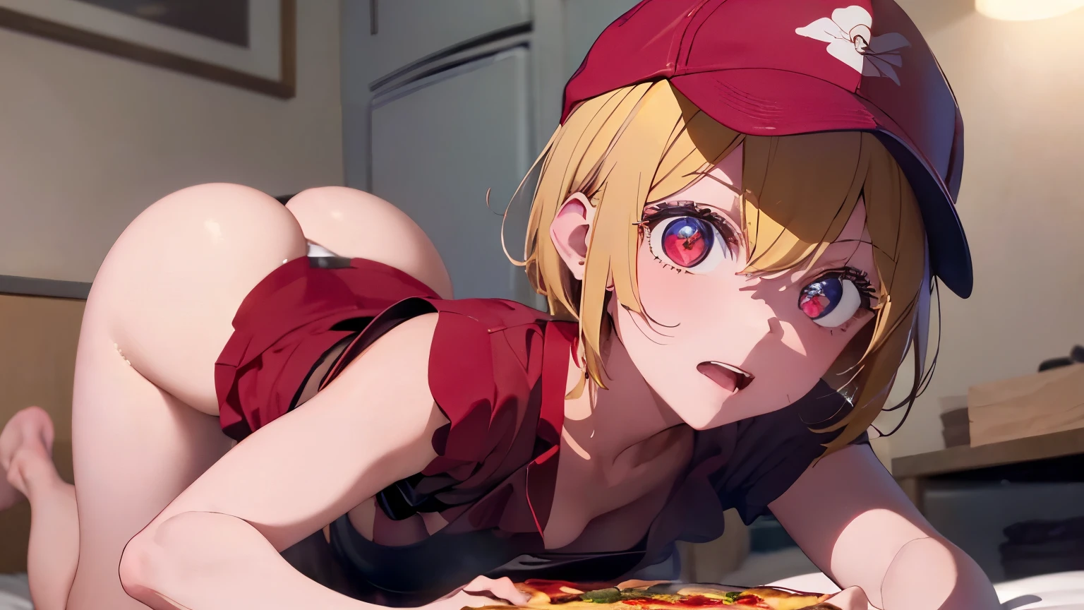 a 2 girl (having anal sex ) (with arms on the bed and butt raised) with short blonde hair, eyes the color of honey, and a slim body, crouching on a bed. his face is refined, and wears a red pizza delivery uniform. She wears a cap that matches the red color of her uniform and a red skirt..
