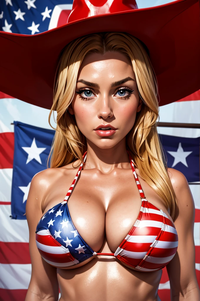 idowmaker, ((large breasts)), bored facial expression, ((american flag bikini)), (cowboy hat), (shiny skin)