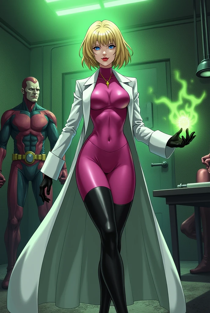 Anime style, Sultry and Beautiful young woman with a soul of pure evil and hatred. Short blonde hair that covers her left eye and blue eyed supervillain dressed in a sleek skintight pink bodysuit, long black gloves and black calf high boots. A long white lab coat over her bodysuit competes the look. She is posing and emanating green energy. She has a smile crossing her thin red lips. The setting is a dirty laboratory with a captured costumed hero secured to a table and being tortured. Lots of b