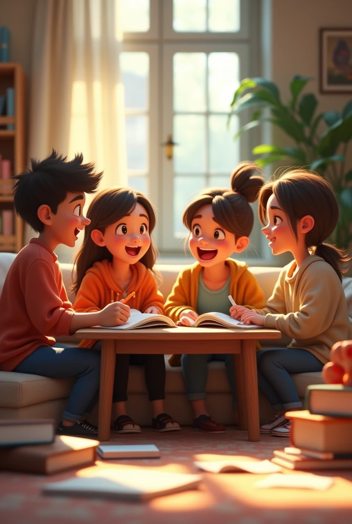 In cinematic 3d cartoon style' Group Study Session: "A cozy room with friends gathered for a group study session. However, instead of studying, they are engaged in cheerful conversations, laughing and teasing each other. The room is comfortable, with books scattered around, but the focus is on their fun interaction. The atmosphere is filled with warmth, close friendships, and the light-heartedness of those moments when study sessions turn into bonding time."

