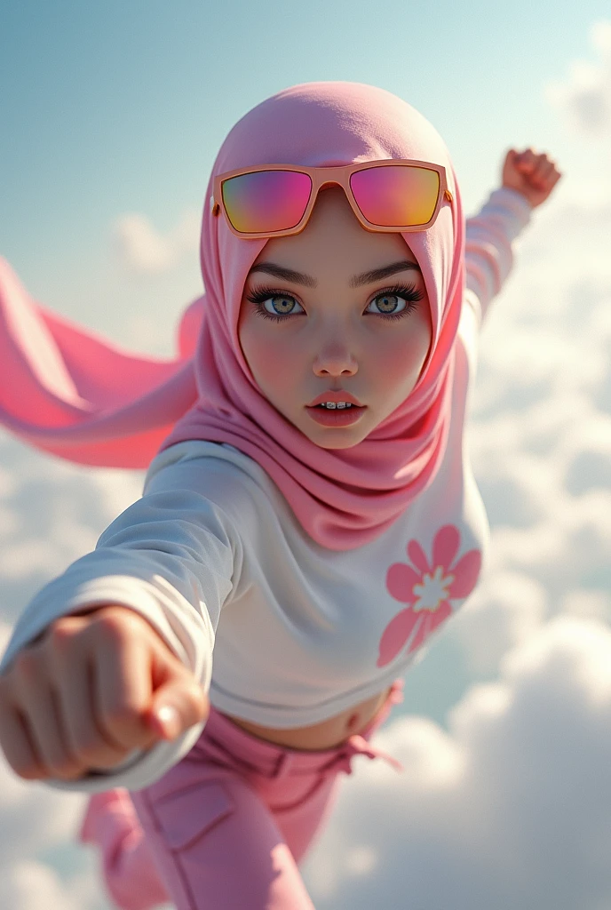 Malaysia japan thailand women a realistic masterpiece. Human .wear pink watch.. 1girl wearing a hijab. detailed beautiful face,small nose. Big lips.Hijab Muslim. Wear long sleeve modern design mixed sew pink white loose size. Small detail ,cargo suit , jacket pink. Pink cargo pant.. . anger face, minimalist flower on shirt. . anger face. Open mouth. Wear pink white. Wear small Safety Pink yellow glasses google spectacle top on head. . Age 20 year old. Flying position. Fast fly. Panning effect Photography . Flying have a super strong power.. punch. . Fight pose. Bokeh background. fist front.. At high sky, lot of cloud , detailed lips, long eyelashes. Hero, modest expression, delicate facial features, natural skin tones, , detailed folds and textures of hijab, natural lighting, high quality, photorealistic, 8k, best quality. Malaysia girl. . ). . . Braces teeth. Boleh background. Panning effect. Fast flying