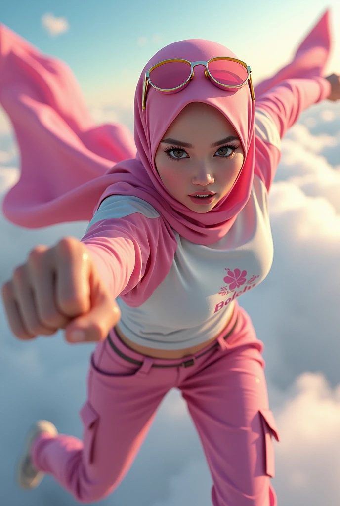 Malaysia japan thailand women a realistic masterpiece. Human .wear pink watch.. 1girl wearing a hijab. detailed beautiful face,small nose. Big lips.Hijab Muslim. Wear long sleeve modern design mixed sew pink white loose size. Small detail ,cargo suit , jacket pink. Pink cargo pant.. . anger face, minimalist flower on shirt. . anger face. Open mouth. Wear pink white. Wear small Safety Pink yellow glasses google spectacle top on head. . Age 20 year old. Flying position. Fast fly. Panning effect Photography . Flying have a super strong power.. punch. . Fight pose. Bokeh background. fist front.. At high sky, lot of cloud , detailed lips, long eyelashes. Hero, modest expression, delicate facial features, natural skin tones, , detailed folds and textures of hijab, natural lighting, high quality, photorealistic, 8k, best quality. Malaysia girl. . ). . . Braces teeth. Boleh background. Panning effect. Fast flying