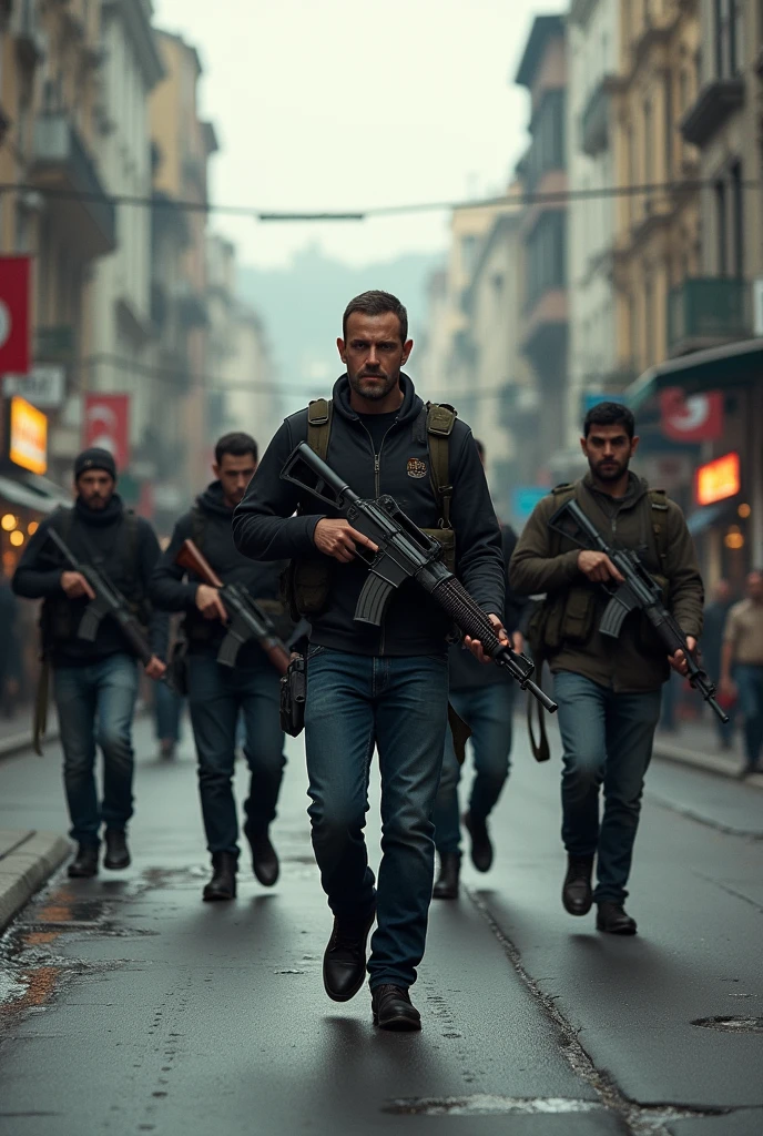 A man with a Kalashnikov in his hand is walking around the streets of Istanbul. 5 men with a Kalashnikov