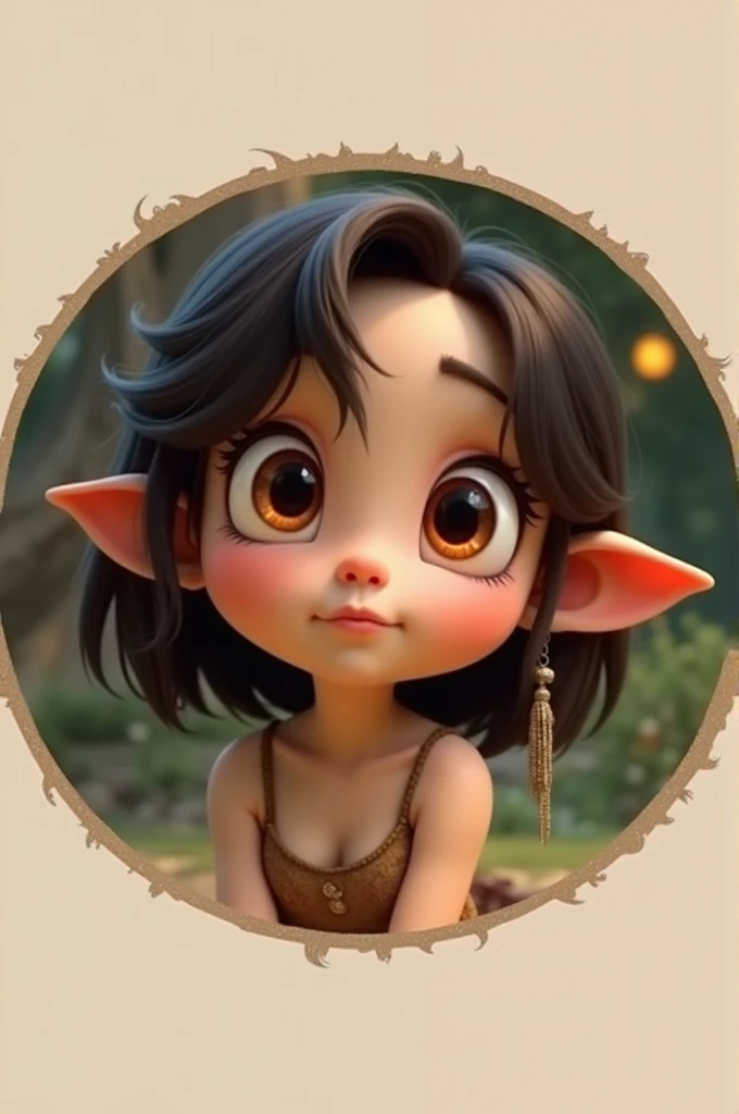 make an animated image, circular in shape with large orange eyes, with medium dark brown hair without bottom