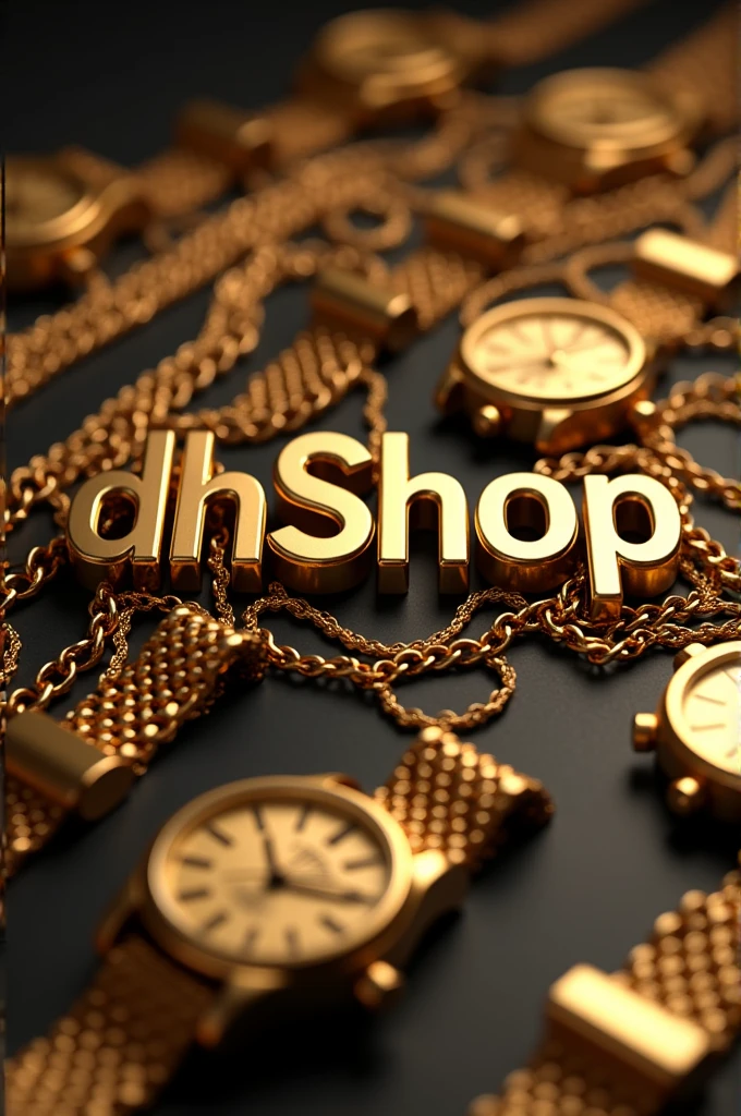 Make an image with the name DhShop in gold color with a background full of gold chains and gold watches