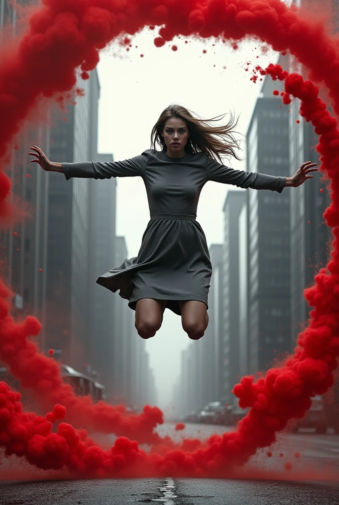 A dynamic composition in the style of Christopher Nolan, using naturalistic lighting and high-contrast black and white with faint blue and silver accents in the color grading. In the foreground, a young woman, late teens, ethnicity caucasian with fair skin, wearing a simple grey, long-sleeved dress, is mid-jump, arms stretched out, hair flowing like a banner. Her face, tense with determination, eyes fixed off-frame, tells a story of defiance. She's surrounded by a large, active red-paint circle, reminiscent of Nolan's use of practical effects, with speeds and splashes capturing motion. The background, a dense cityscape with towering, monochromatic buildings, adds depth, framed by a long lens to compress the perspective and emphasize her isolation.