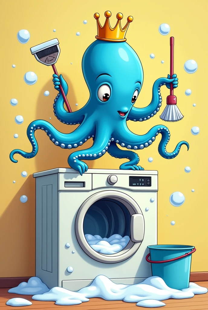 a blue KLEIN octopus , on top of a washing machine (the machine needs to be open with bubbles coming out of it it has to have an old cartoon style it HAS to hold cleaning items put a crown on its head
