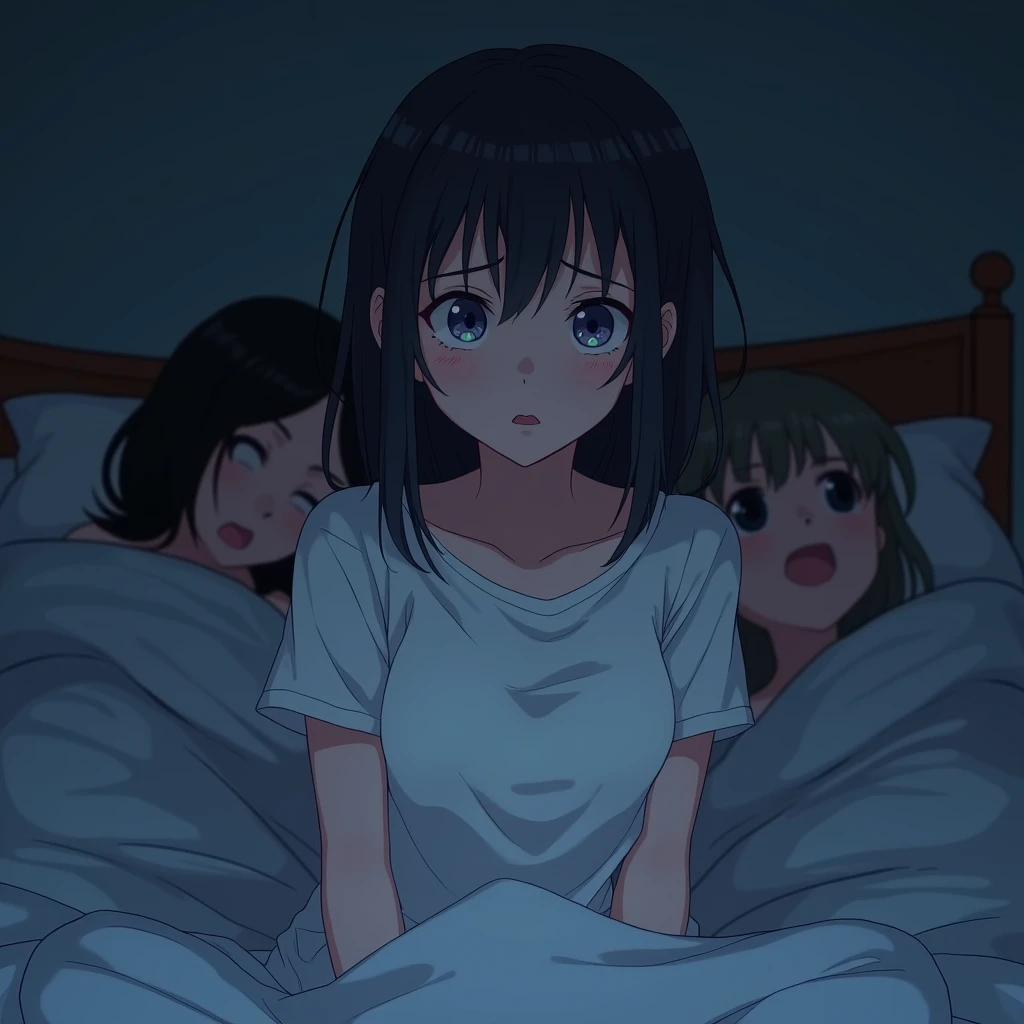 a in a wet T-shirt woke up in the middle of the night and saw her parents having sex under the blanket in anime style
