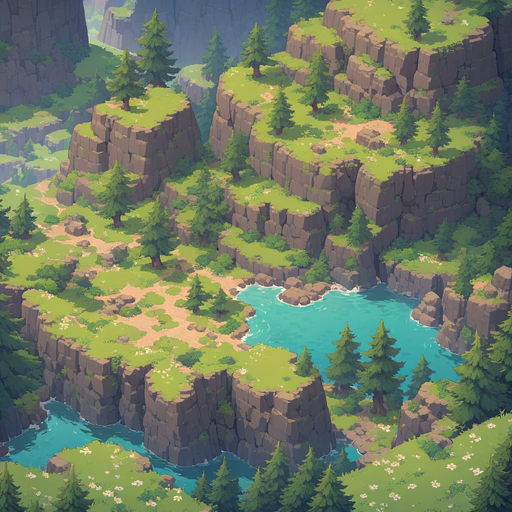 Retro video game style, pixelated, vibrant colors, 8-bit characters, blocky shapes, sharp lines, detailed shading, classic gaming vibe, nostalgic atmosphere, classic arcade games. Masterpiece:1.2, ultra-detailed, illustration style. 2D texture, stone texture, 4K seamless mud texture, video game texture, dirt texture. Game tiles, grass, 3/4th perspective trees, 3/4th perspective tileable rock texture, 3/4th perspective tileable cliff formations, tileable trees, top-down view, tileable texture. Very detailed cliff texture, intricate stones.
Mountain Terrain: Diverse mountain shapes and elevations, including peaks, ridges, and valleys.
Texture Detail: High resolution with intricate details like rocky surfaces, crags, and natural erosion patterns.
Seamless Pattern: Ensure that the edges of the tile seamlessly align with adjacent tiles to create a continuous and coherent mountain range when repeated