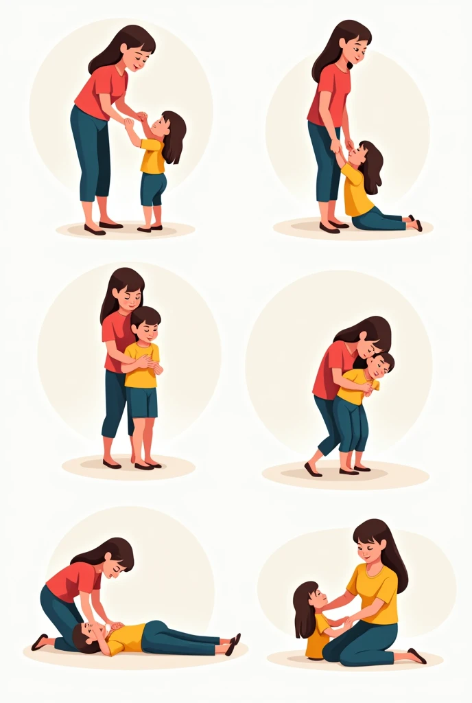 I want an image that portrays: the steps for performing the Heimlich maneuver from a teacher to a student to a child Modern and vector, with smooth, clean lines, and vibrant colors. Cartoonish but realistic. Color: Using a palette of bright and contrasting colors that are pleasant and eye-catching. FORMAT: Illustrations arranged in a book or manual style. This illustration is intended for a guidance and training manual, so it must be clear, accessible and visually appealing."
