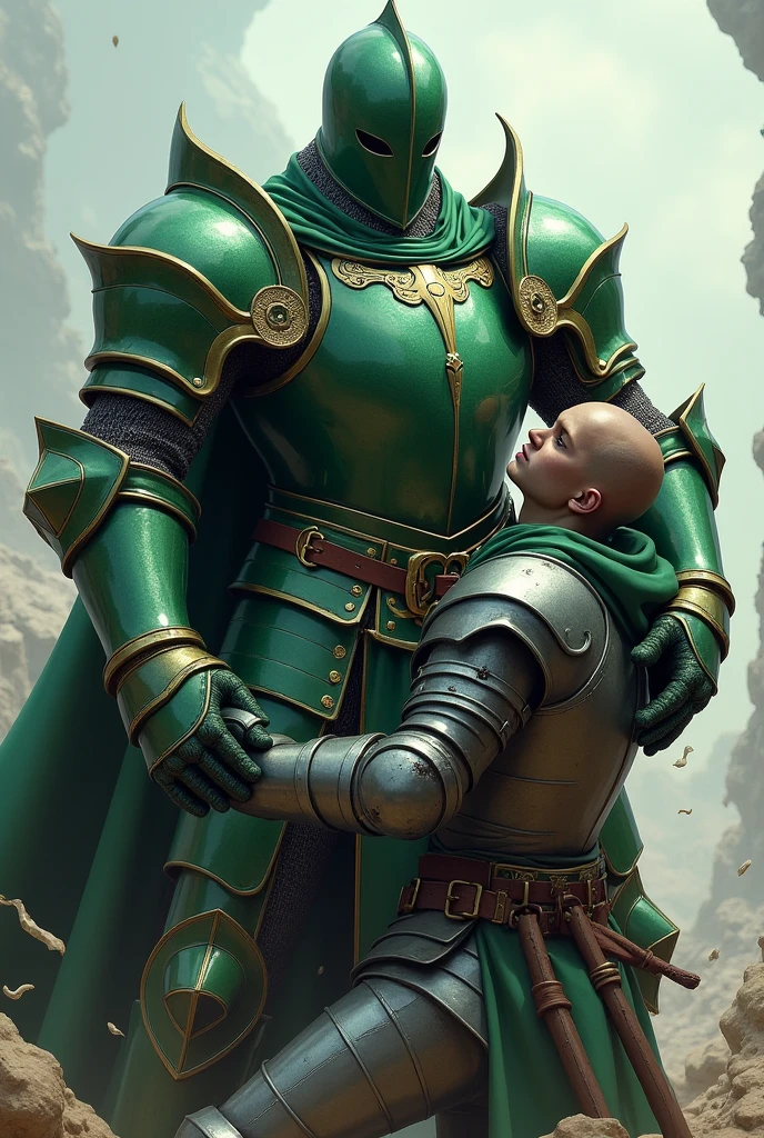 A knight in green armor and a green closed helmet holding a warrior in gray armor and a gray closed helmet by the neck