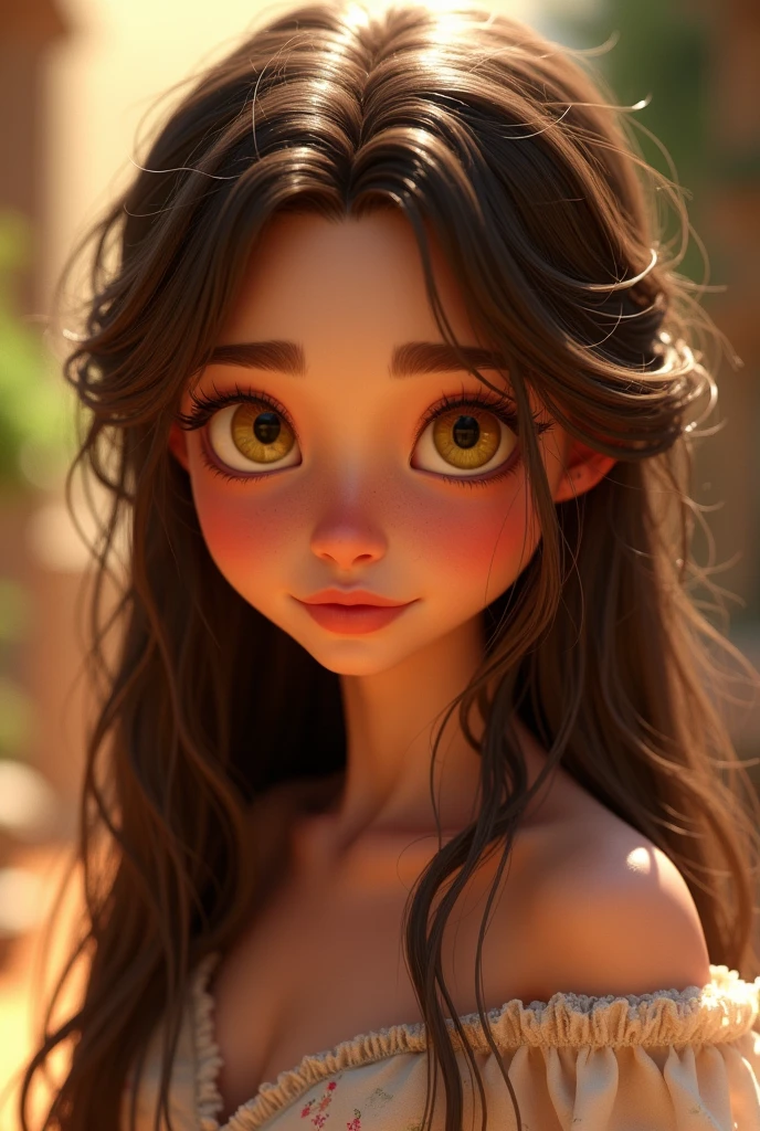 Along the way, they uncover secrets about their family's past and their true destiny.
The character has long, straight, messy, browns  hair, bright yellow eyes, snow-white skin, a perfect and delicate face, she is very beautiful and is 2, make the image in the Pixar style Disney, in 9:16 format.