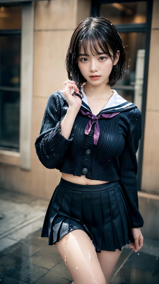 Sailor Saturn Masterpiece, Highest quality, shape, Very detailed, Finer details, High resolution, 8k,wallpaper, Perfect dynamic composition,(High quality with attention to detail, Realistic depiction of eyes:1.3), short hair, (Wavy Hair:1.2), (Black Sailor Suit, Seraphim, Navy Pleated Skirt), (Knoop, Wet:1.2),Full body photo、Focus on the crotch,
