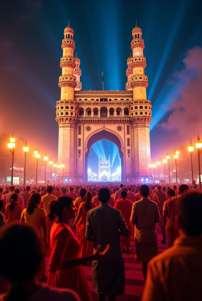 Ganesh festival celebration at charminar and people are dancing with dj speakers in the night view