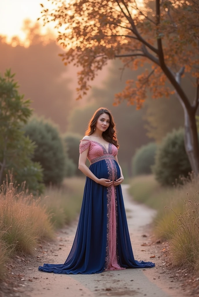 Second dimension beauty pregnant woman wallpaper, fully dressed in pink dress, outside in nature
