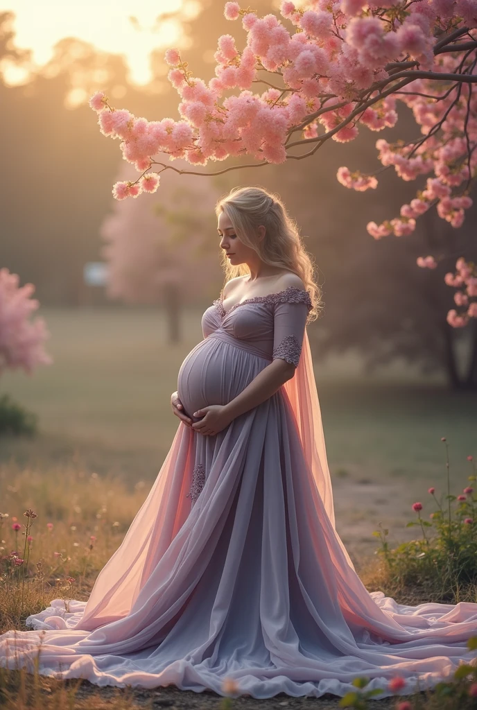Second dimension beauty pregnant woman wallpaper, fully dressed in pink dress, outside in nature