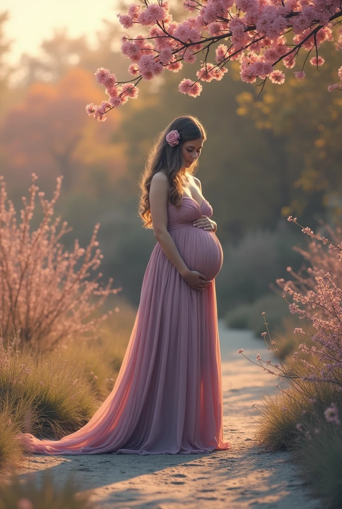 Second dimension beauty pregnant woman wallpaper, fully dressed in pink dress, outside in nature