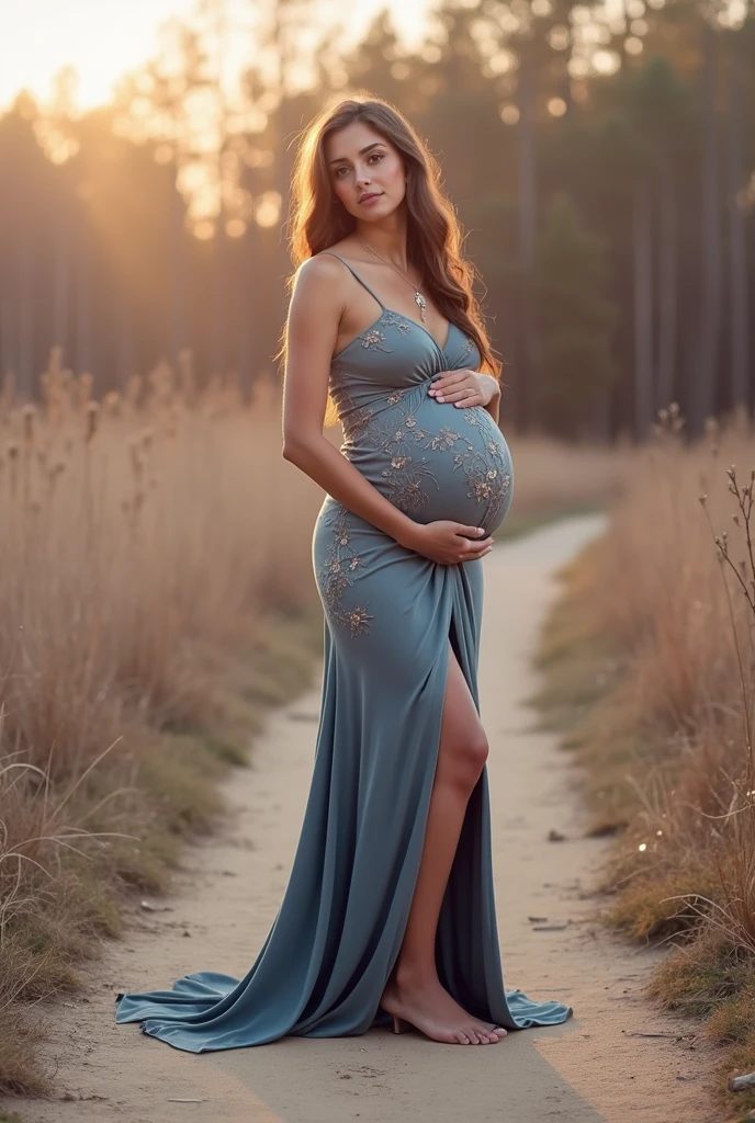 Second dimension beauty pregnant woman wallpaper, fully dressed in pink dress, outside in nature
