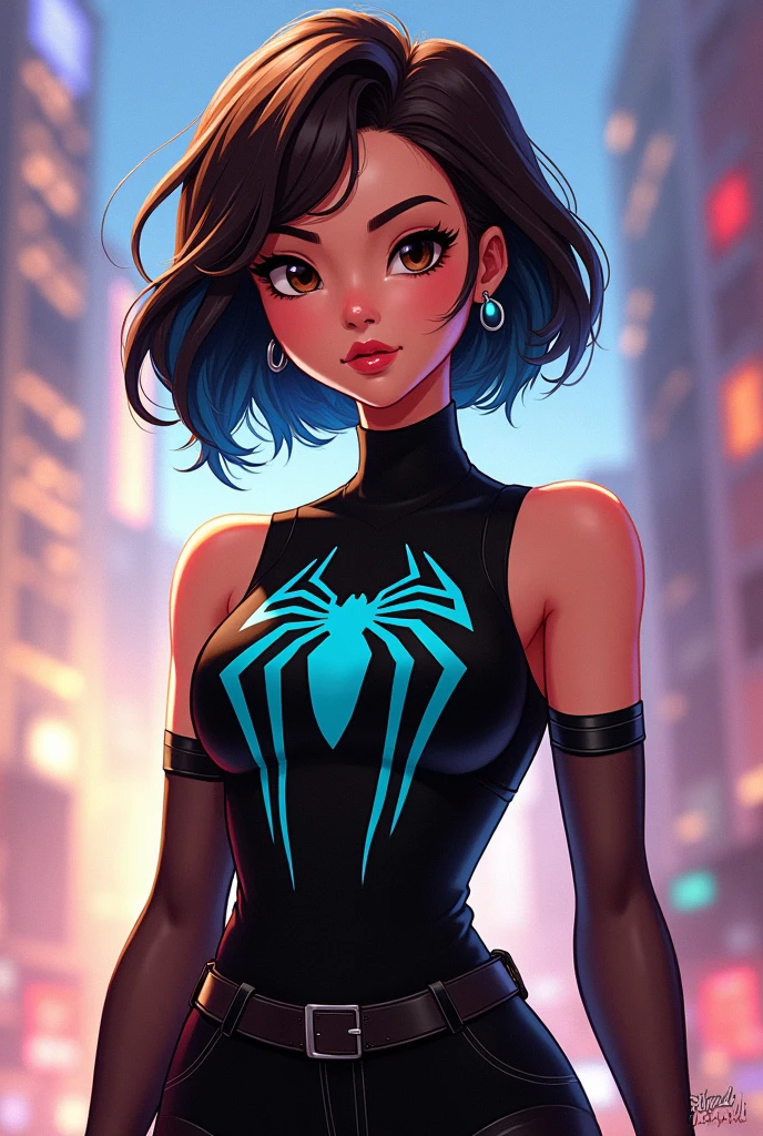 ((art animation 2D)) 20 year old woman with short wavy brown hair with dark blue dyed tips, Brown eyes, with good body, wearing a sleeveless black dress with a turquoise Spiderman logo on the chest with mesh sleeves 