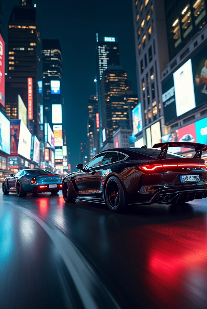 Night in the new york city with bmw m5 and porshe racing