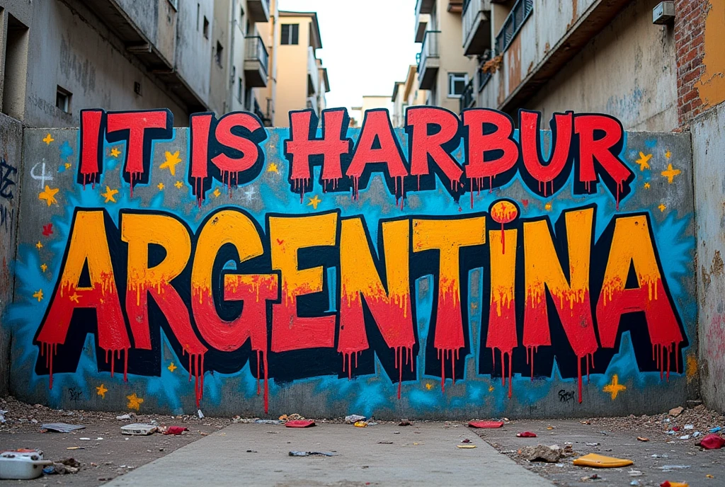 a ghetto style GRAFFITI, multicolor, with the text "IT IS HARMFUL FOR ARGENTINA"