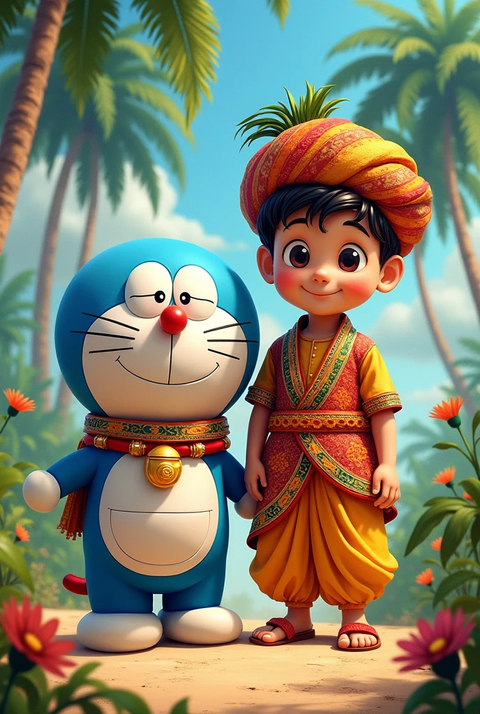 What if japnese cartoon Doraemon was created in india show all characters in indian costumes
Give me nobita and doraemon in south indian costumes 