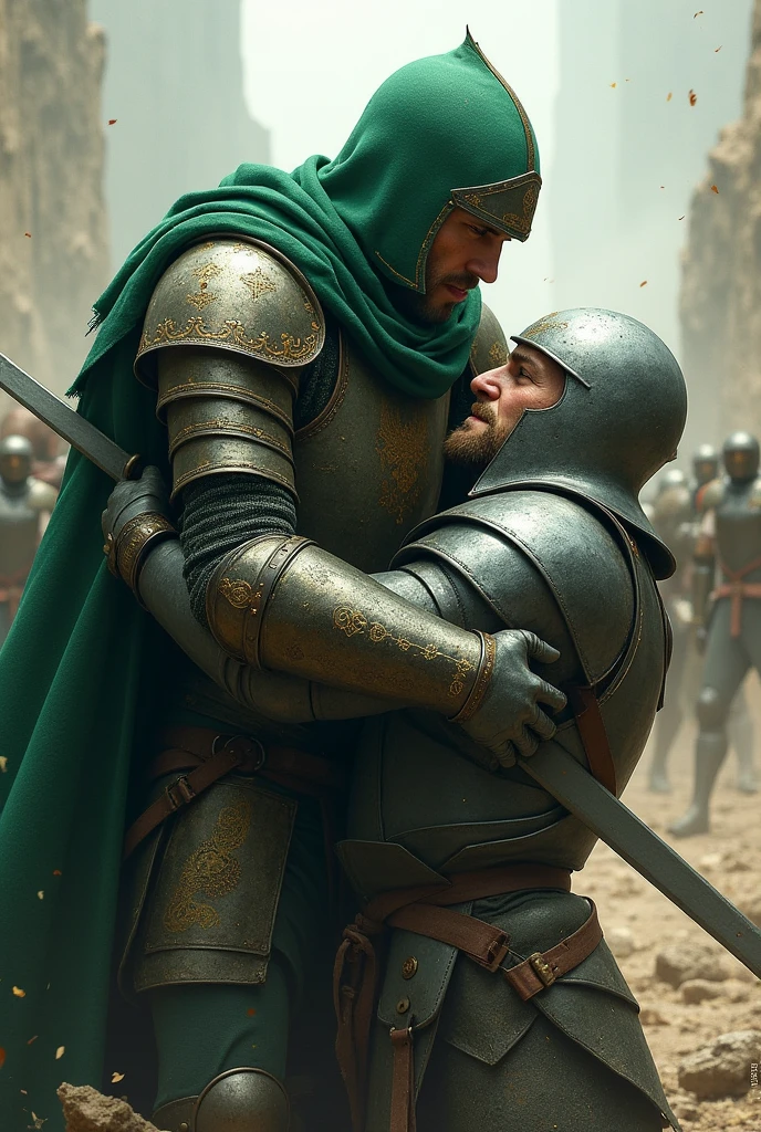 A knight in green armor and a green closed helmet holding an enemy in gray armor and a gray closed helmet by the neck