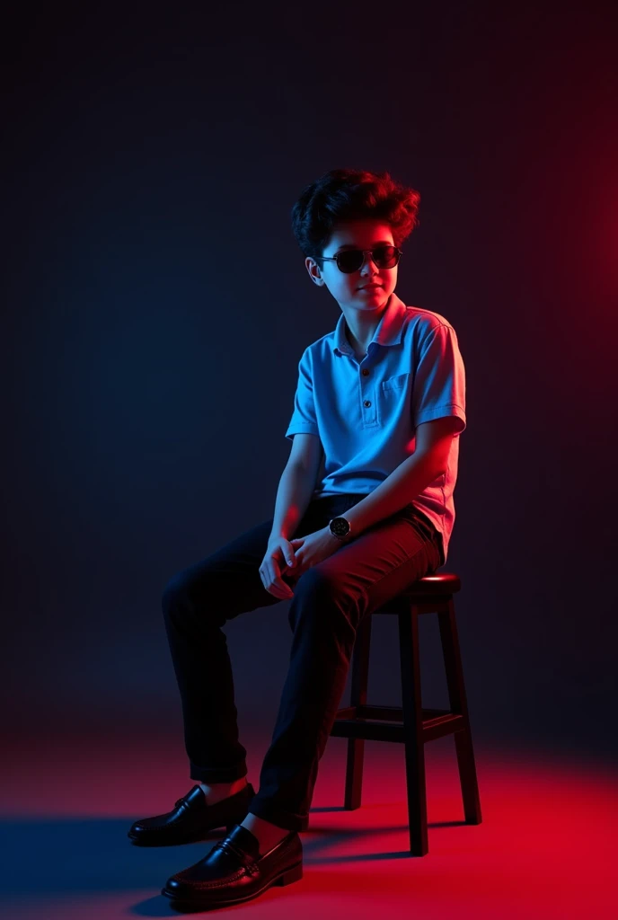 A tan boy with and black wave hair and wearing a sunglass and sky blue short sleeve shirt with black long trousers, old watch, black loafers sitting on black stool and black background red and blue light on it and the boy turning right side and seeing right side