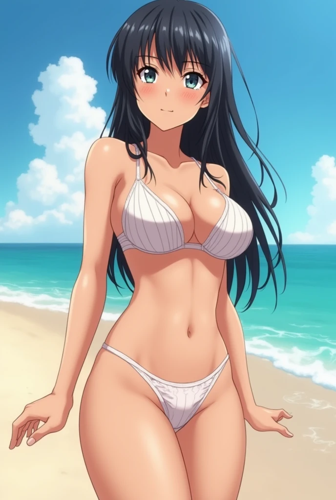 3 anime women on the beach from the front with very large breasts!, with very thin panties on her private parts and a very small and thin bra