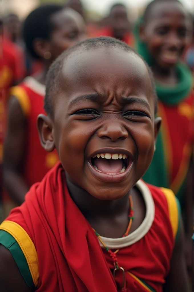 ((best quality)), ((masterpiece)), (detailed), perfect face child crying in starving africa; people around dressed in flags of other nations laughing.