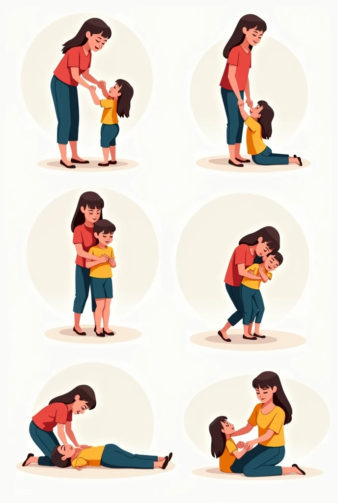 I want an image that portrays: the steps for performing the Heimlich maneuver from a teacher to a student to a child Modern and vector, with smooth, clean lines, and vibrant colors. Cartoonish but realistic. Color: Using a palette of bright and contrasting colors that are pleasant and eye-catching. FORMAT: Illustrations arranged in a book or manual style. This illustration is intended for a guidance and training manual, so it must be clear, accessible and visually appealing."