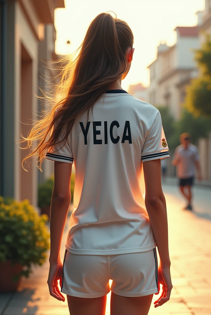 A girl from behind with the Rela Madrid shirt that says Yeica white shirt