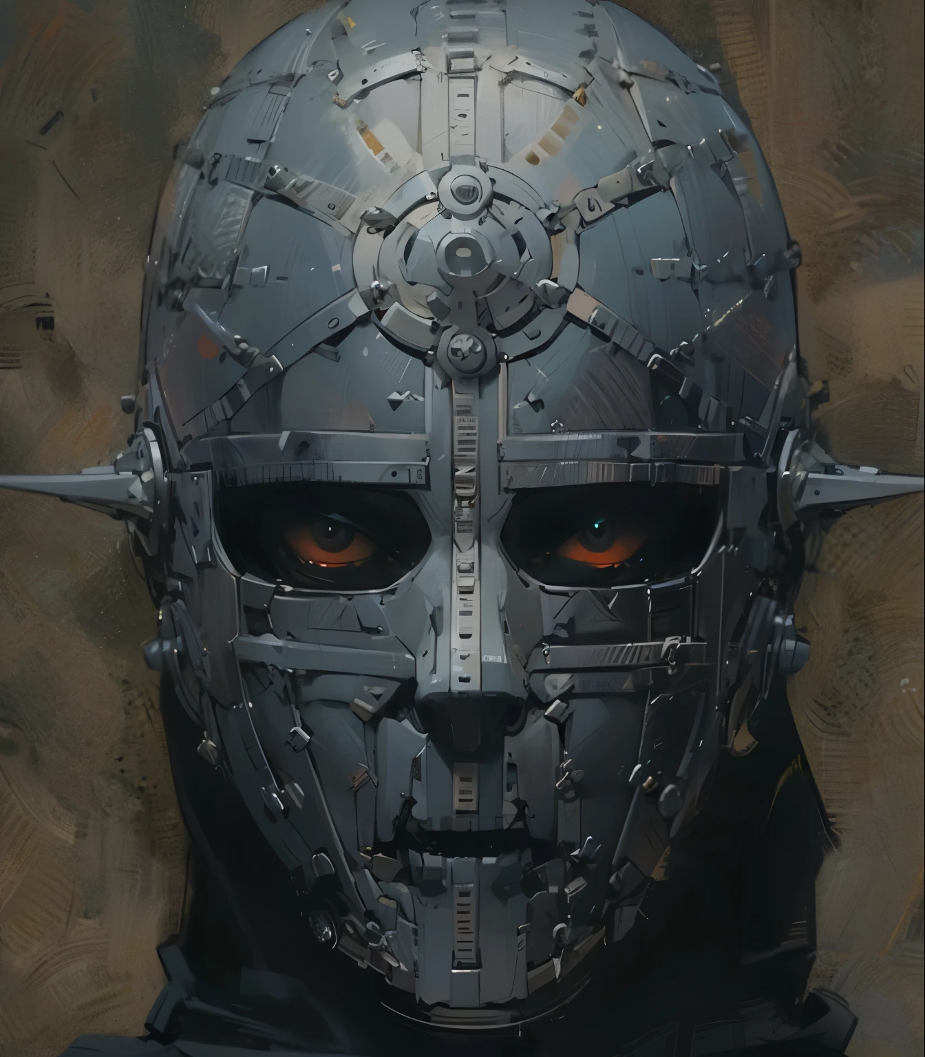  a person wearing a highly detailed, metallic mask that covers the entire face. The mask has an intricate design, resembling armor, with numerous rivets, bolts, and mechanical details. It features sharp, angular lines, and circular patterns, giving it a futuristic or steampunk aesthetic. The mask has slits for the eyes, with glowing, intense orange-red eyes visible through the openings. The overall look is dark, mysterious, and somewhat intimidating, with a sense of mechanical or robotic influence. The background is plain and muted, which further emphasizes the mask's striking design.