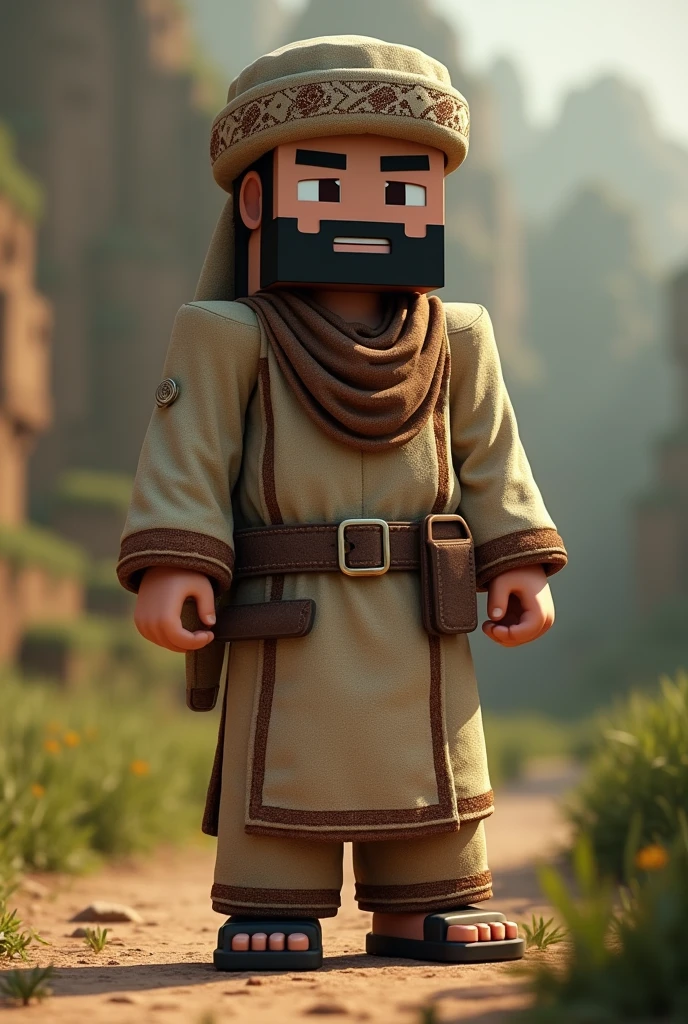 Realistic minecraft muslim steve in shalwar kamiz and with Muslim cap