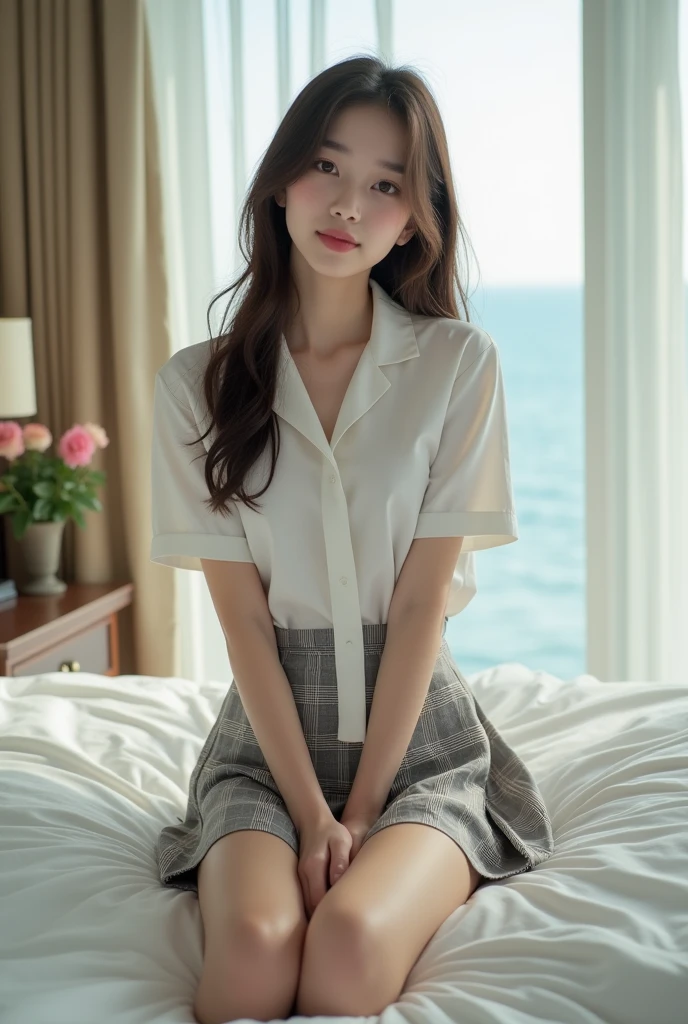 (High school girl in a suite:1.4, , Cute Face:1.5, Triangular face, Sitting on a luxurious bed), View your viewers, ((Embarrassing:1.3, smile:1.1)), shy smile, Open your mouth, Silky skin, Natural Makeup, Glossy Lips, Group shot, (Sexually suggestive:0.7), (Same school uniform:1.5, open-necked white shirt, See through , Place your hands on your chest:1.24), (naked :0.2), (Three Girls:1, Perfect Style, whole body), ((Slender body)), (Pleated Check Skirt, Showing panties), (RAW Photos:1.4),(( Legs wide open, ribbon, pantyhose:1.2)), (Gentle light, 16k wallpaper, RAW Photos, Idol), Become familiar, (Large windows with sea views, Expensive furniture:1.3, Sheets laid on the floor:1.4, Flowers in a planter) 