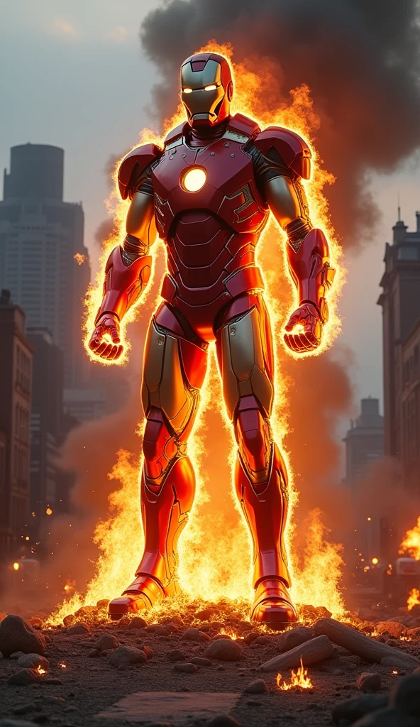 Iron-man statute break & that shot on fire, 8k resolution, 
