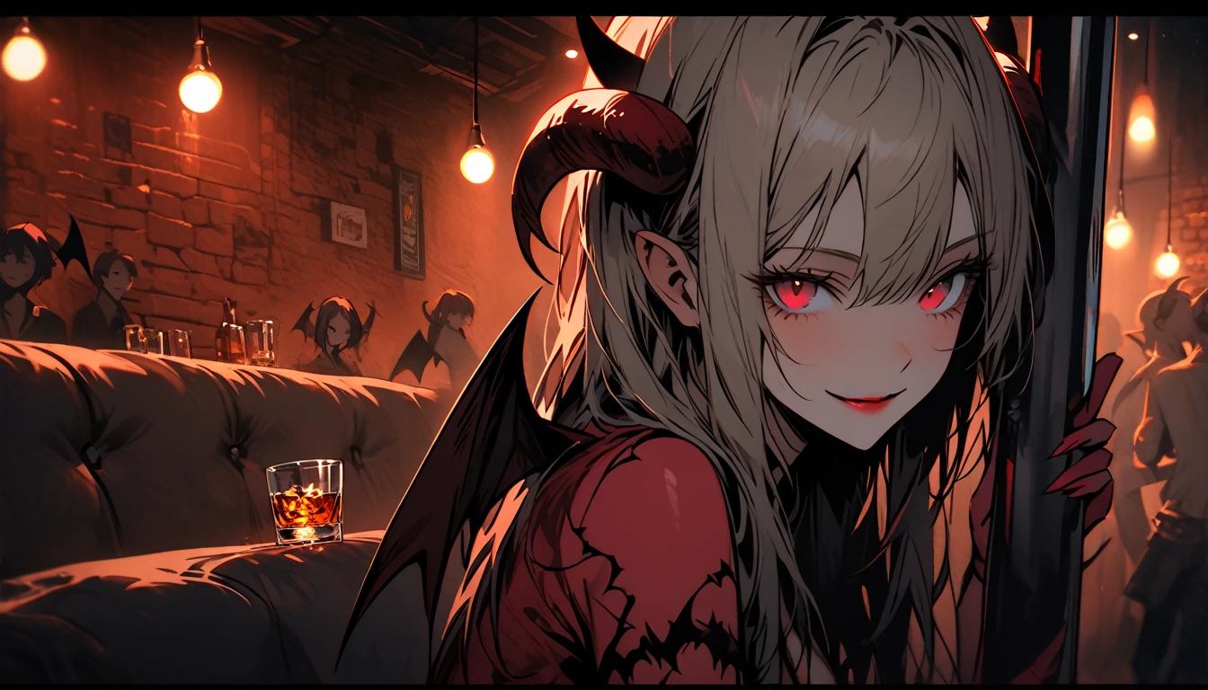 female, succubus, demon wings, demon horns, intimate atmosphere, friendly atmosphere, bar, pole dancing, crowd, grungy, drinks and coffee, brick walls, sofa, quiet conversation, , close up