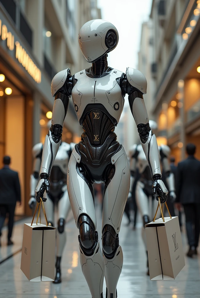 Image of a male AI robot going shopping for an expensive brand like Louis Vuitton, with his security robots behind him, since it is a multi-million dollar robot. Must have expensive shopping bags