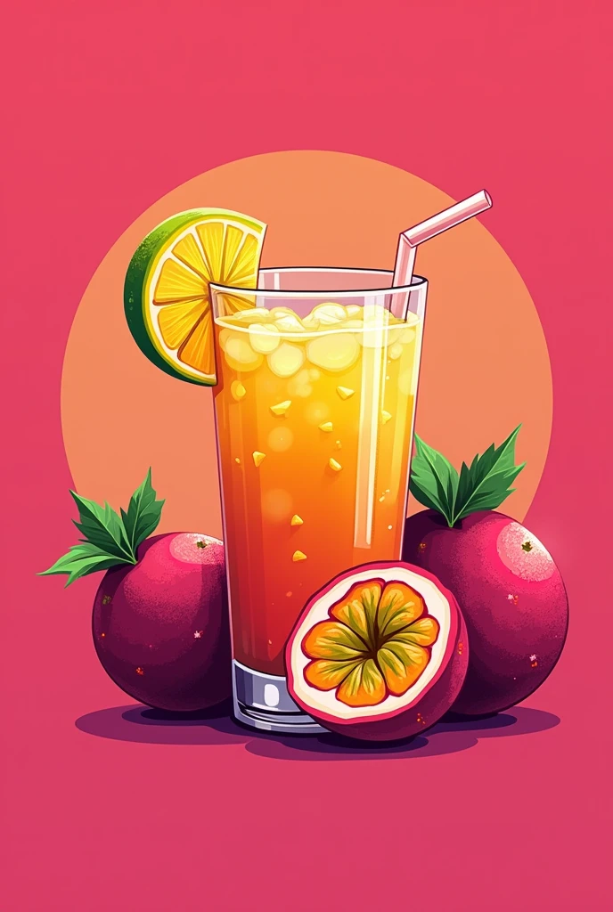 A logo for a michelada company, in elements it could be passion fruit and mango, and in background color you want pink or fuchsia, that inspires, that quenches heat and thirst, Name wants to be called YUE MARACUMANGO