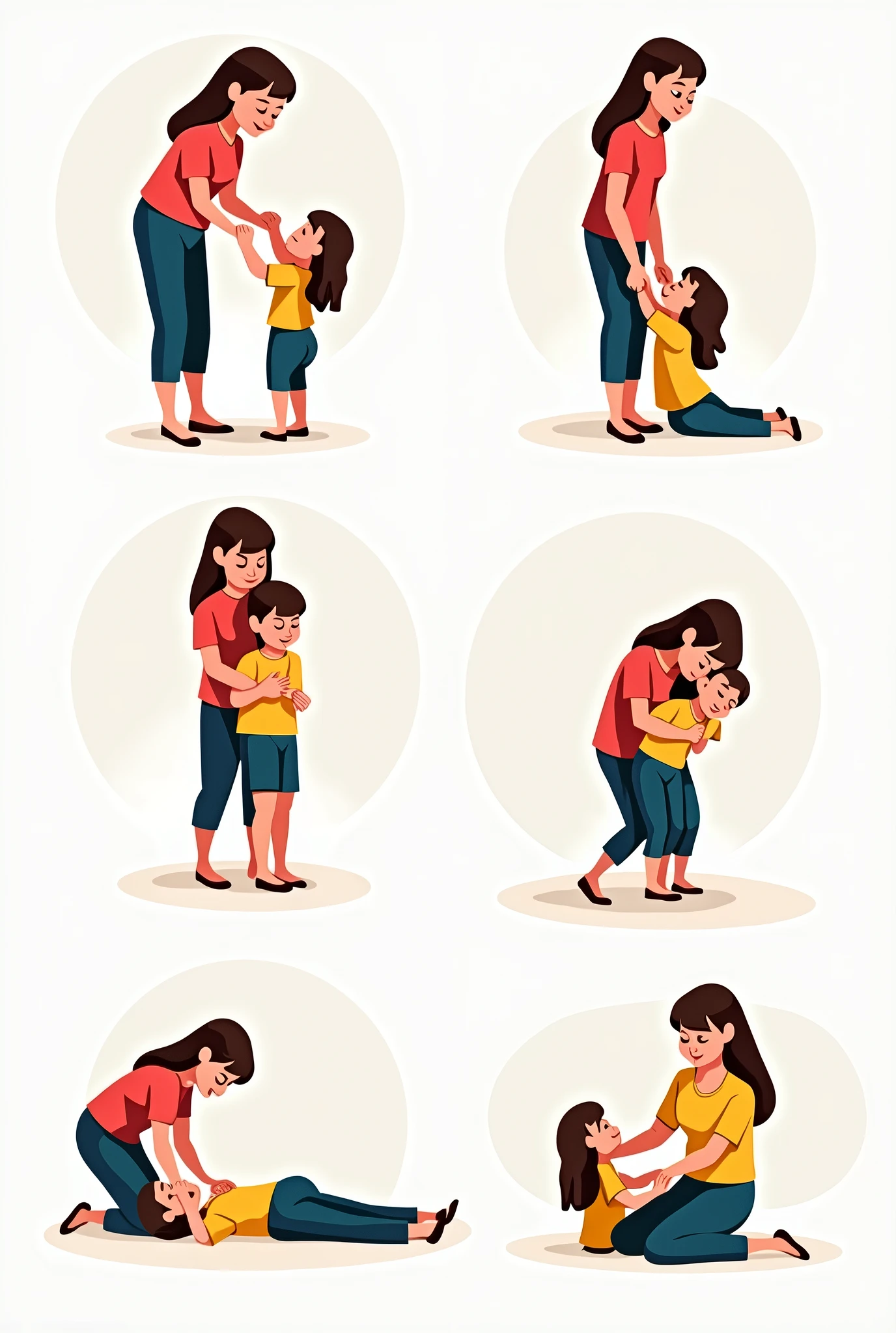 I want an image that portrays: the steps for performing the Heimlich maneuver from a teacher to a student to a child Modern and vector, with smooth, clean lines, and vibrant colors. Cartoonish but realistic. Color: Using a palette of bright and contrasting colors that are pleasant and eye-catching. FORMAT: Illustrations arranged in a book or manual style. This illustration is intended for a guidance and training manual, so it must be clear, accessible and visually appealing."