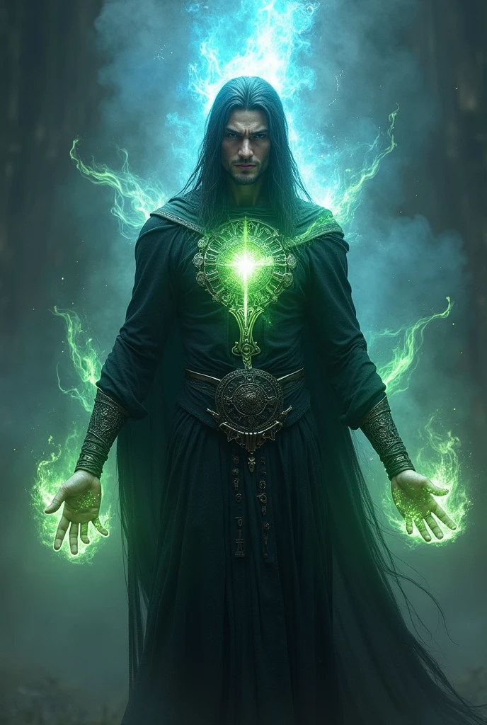 man in black ritual clothing, energy field outside the silver body, green body aura on the chest and blue on the head, fiery aspect in the eyes