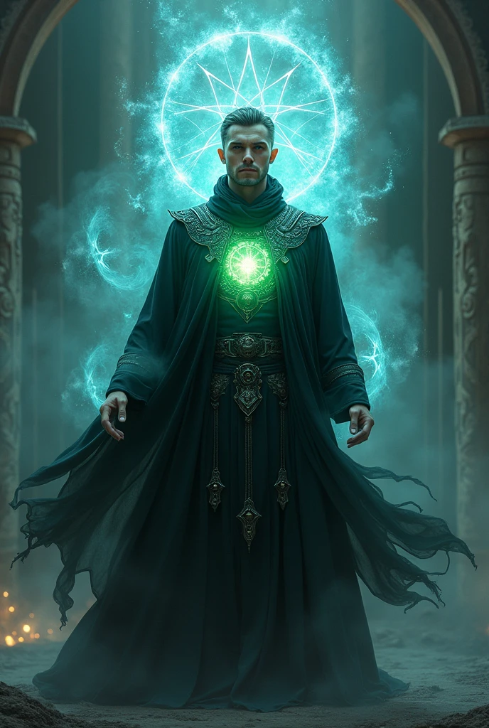 man in black ritual clothing, energy field outside the silver body, green body aura on the chest and blue on the head, fiery aspect in the eyes